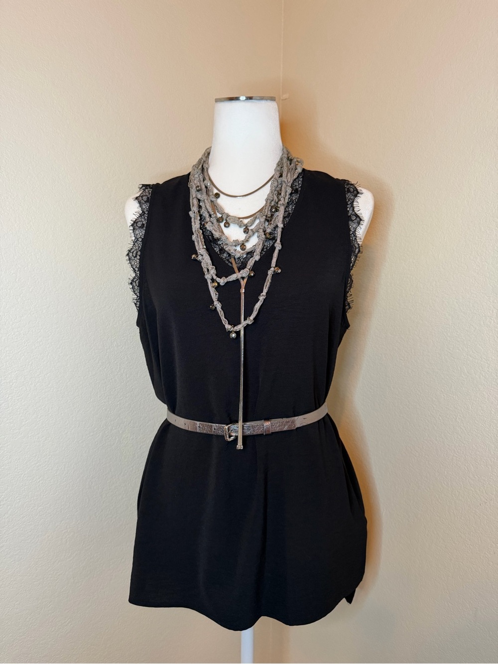 Adrianna Papell Black V-Neck Top with Lace Trim